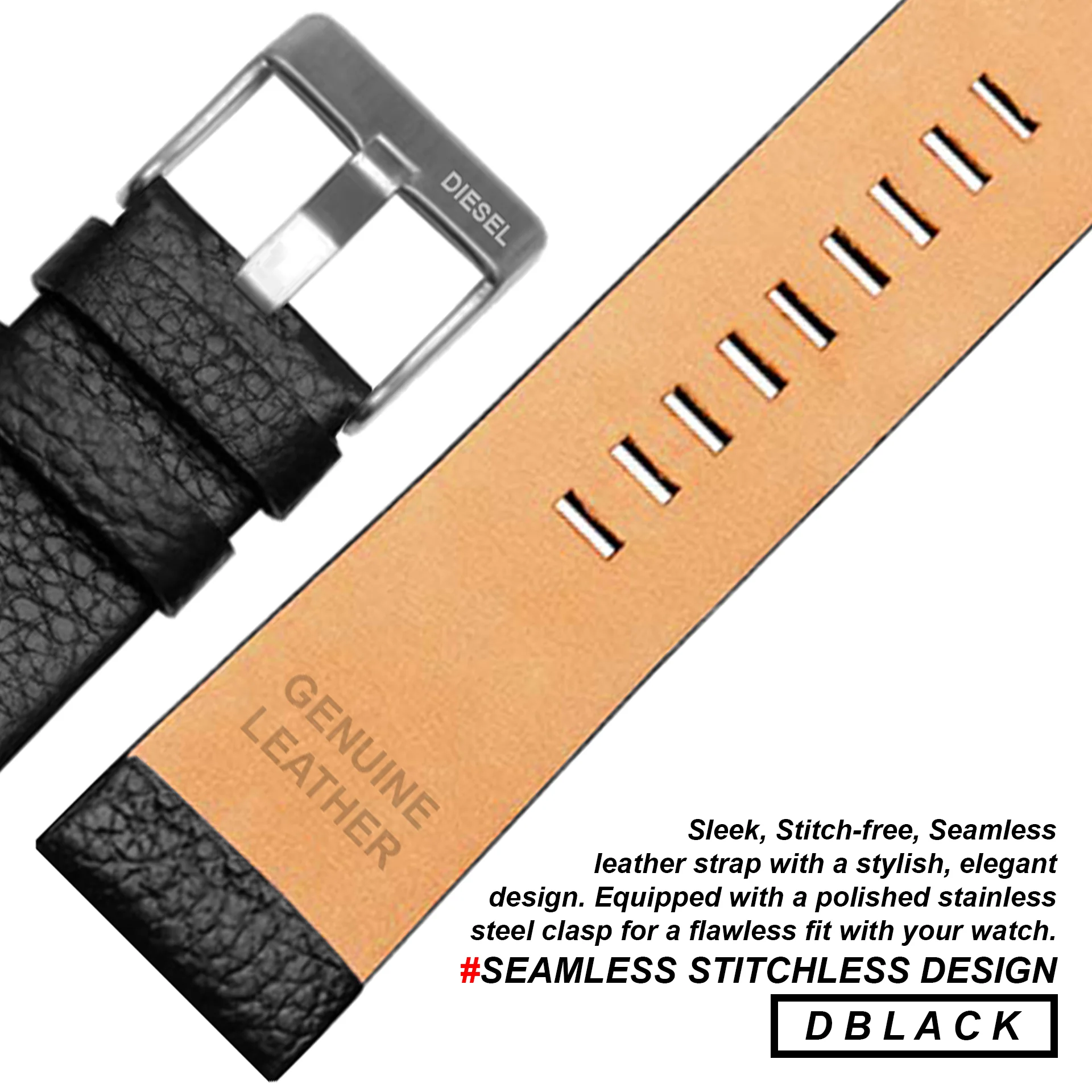 DBLACK [DSLDS2] PEBBLE DESIGN, LEATHER WATCH STRAP // FOR "DIESEL" WATCHES - Image 5