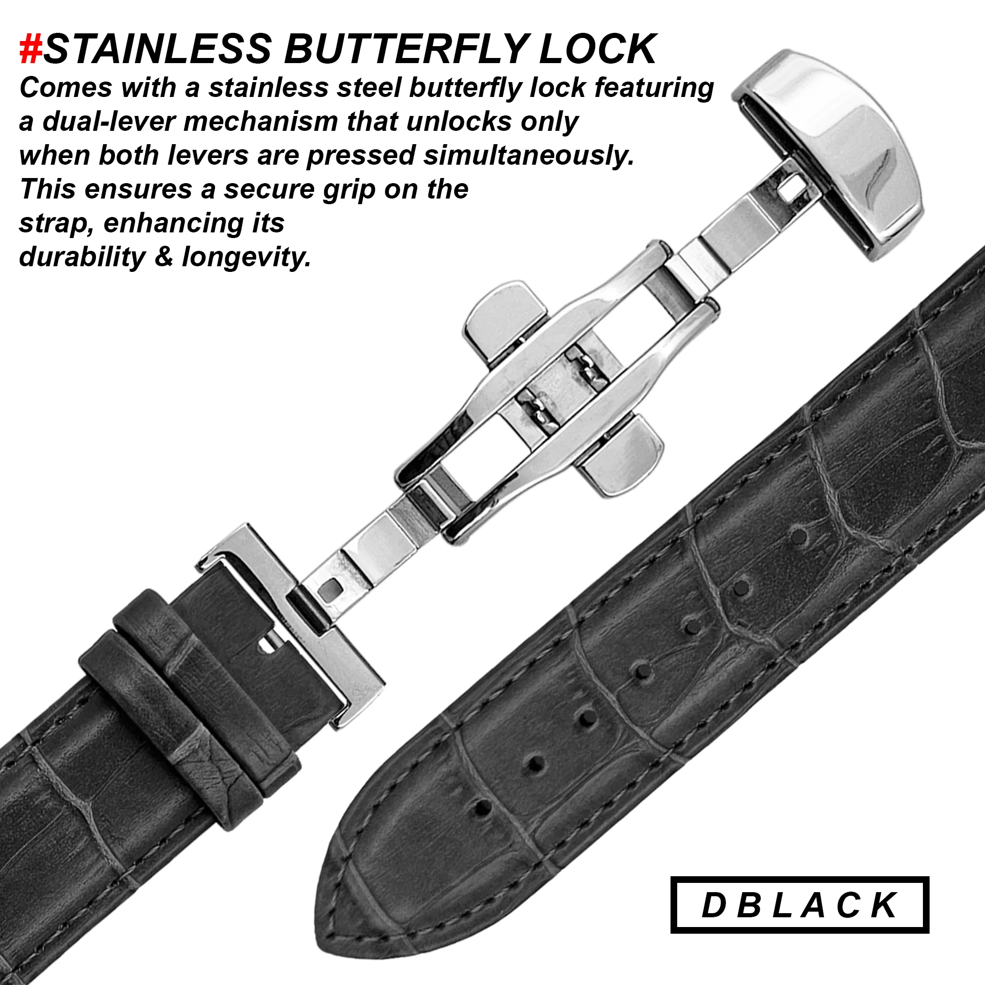 DBLACK [HOOK] CROCO DESIGN W/ BUTTERFLY LOCK, LEATHER STRAP - Image 5