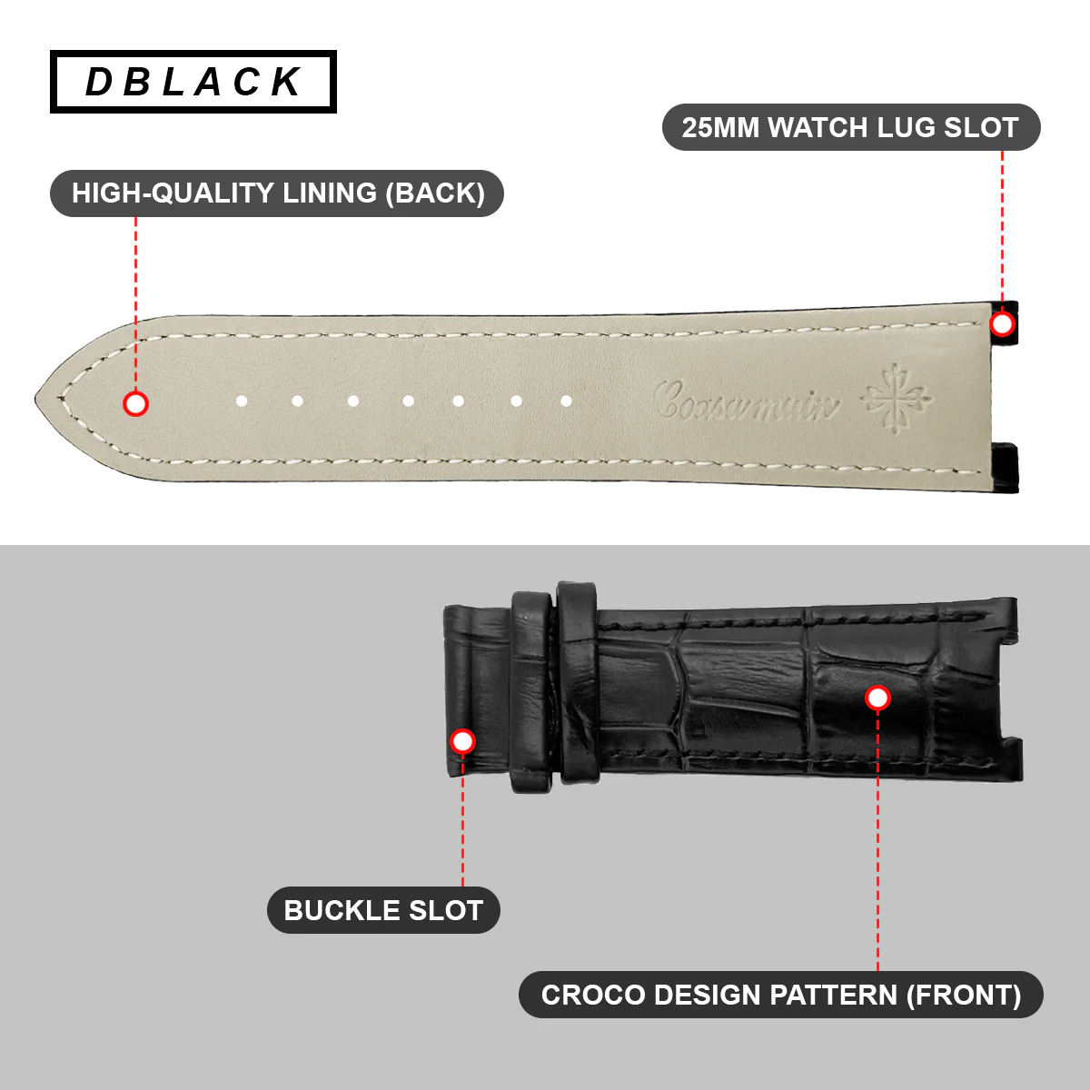 DBLACK [PKPDS1] 25MM CROCO DESIGN, LEATHER WATCH STRAP // FOR PATEK PHILIPPE WATCHES - Image 3